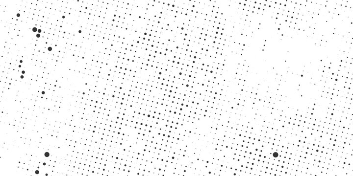 Black scattered halftone dots with varied sizes and fading density, minimalist abstract texture pattern on white background vector