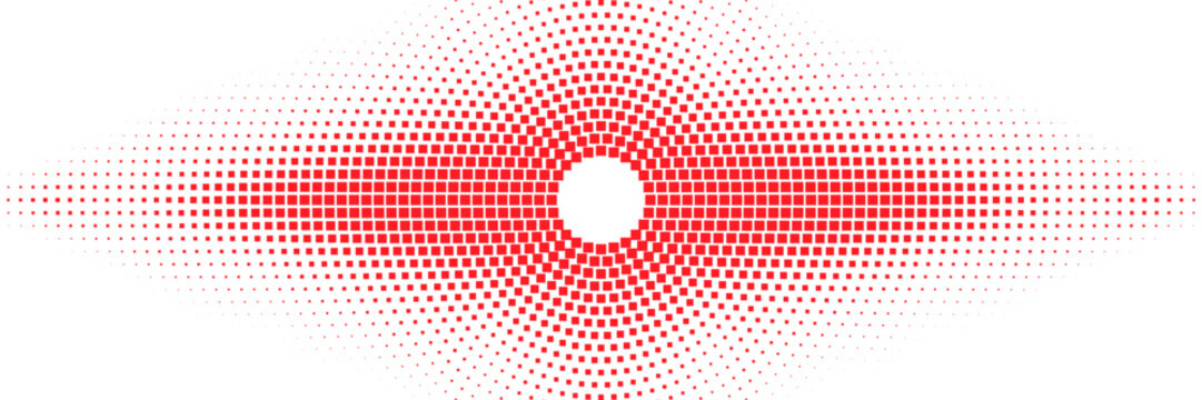 Red halftone square pattern with central circular cutout and horizontal fading effect, abstract geometric vector background