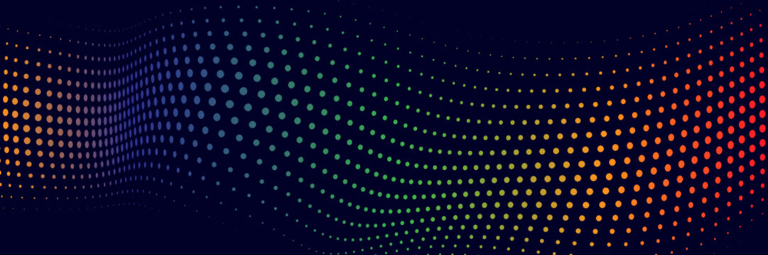 Multicolor halftone wave dots with rainbow gradient and flowing perspective curves on dark abstract background vector