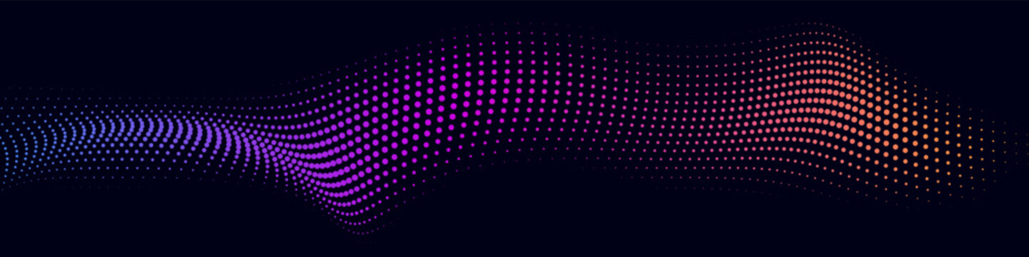 Colorful halftone wave pattern with vibrant gradient dots on dark background, modern abstract vector illustration
