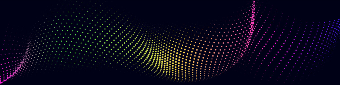 Colorful halftone dotted wave with flowing gradient curves and vibrant neon spectrum on dark background vector design