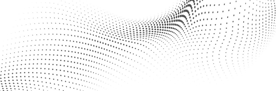 Black halftone perspective pattern with flowing curved dots and fading density, minimalist abstract background vector design