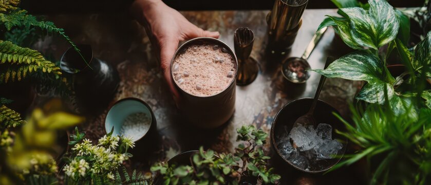 Overhead cup of whipped chocolate drink with herbs and ice for world chocolate day poster background and cafe design