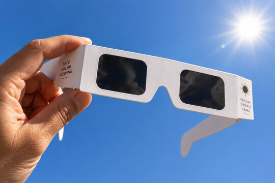 Woman hand holds solar eclipse glasses against blue sky background. Solar eclipse glasses are specially certified, ultra-dark glasses to protect eyes from damage when looking directly at sun.