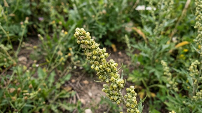 Wild plant spike with clustered buds for seasonal allergy awareness poster and educational background