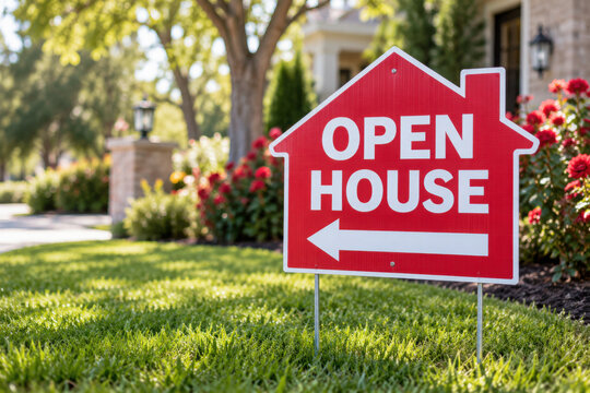 Red open house sign on grass with flowers