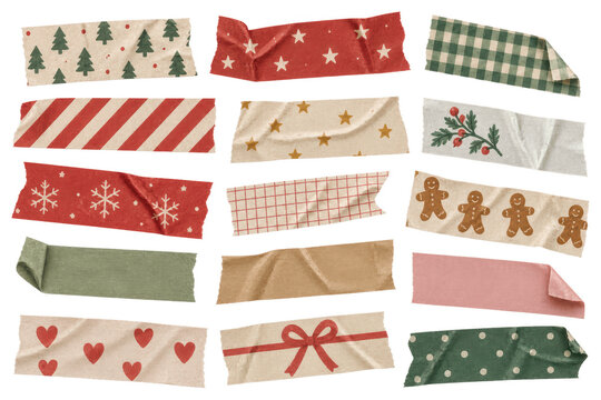 Christmas adhesive tape strips collection with holiday patterns, set of realistic torn masking tape isolated on transparent background for festive card and gift wrapping design