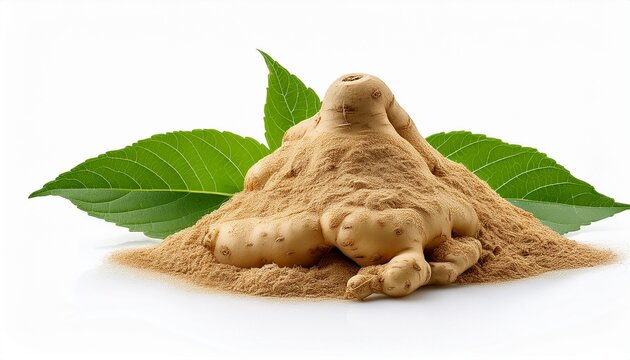 maca root with green leaves isolated on white background