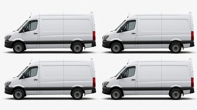 Four identical white cargo vans shown in profile view side by side. Vans display different door configurations for delivery and logistic services. Clean studio shots highlight variations.