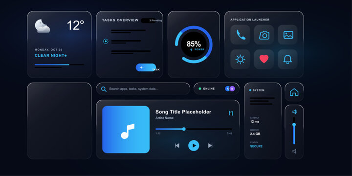 Collection of flat user interface icons and widgets on a dark background application launcher icon widget digital screen display control element design graphic vector blue