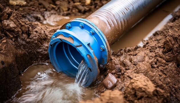water leaking from a broken underground pipe joint with blue metal flange in muddy soil illustrating plumbing repair and representing infrastructure damage