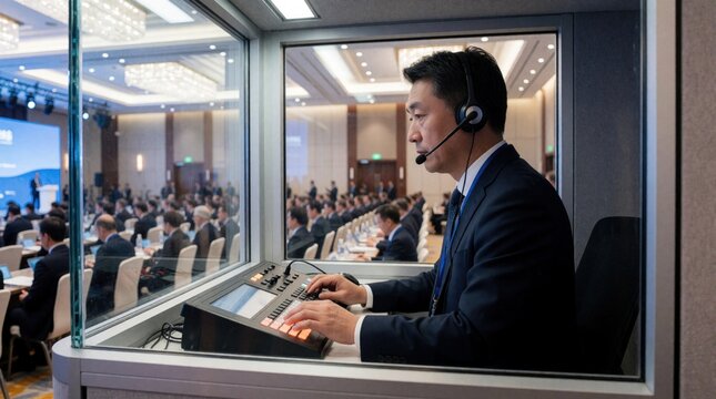 Asian male interpreter works in soundproof booth at international conference. Pro man wears headset, uses control panel to translate for large audience in auditorium. Focused professional provides