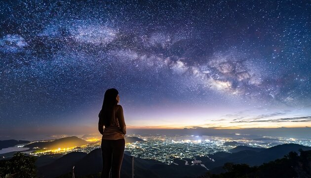 stargazer admires the milky way above a sprawling city at night on a mountain peak