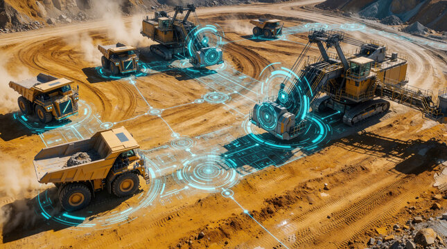 Aerial view of smart mining site with autonomous heavy machinery. Digital holographic interfaces connect trucks, excavators via wireless network. Future tech system monitors resource extraction,