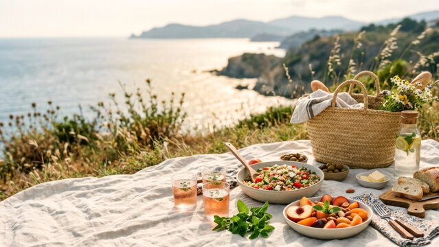 Sunlit coastal picnic with grain salads, stone fruit, herbs, woven basket, linen blanket, and sea view.