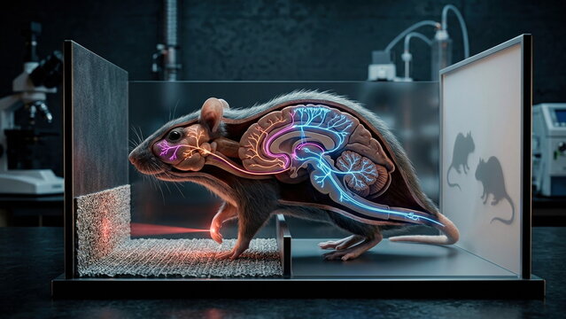 Rat model neuroscience cutaway for autism research, with sensory stimulus, social cues, and contrasting brain circuits.