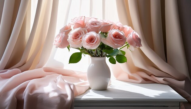 soft pink roses in a white vase window light on draped fabric