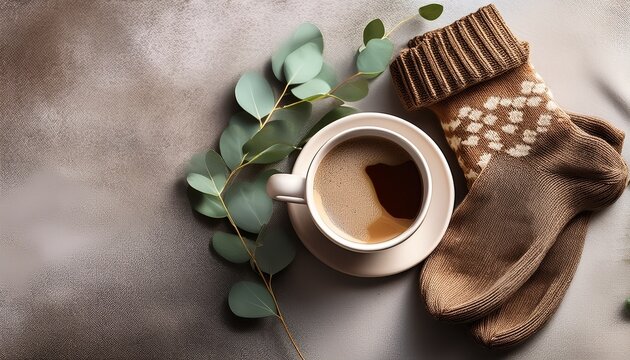 cozy knit socks mug of coffee and eucalyptus on a textured surface
