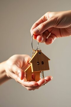 Real Estate Handover of House Keychain and Key Between Hands
