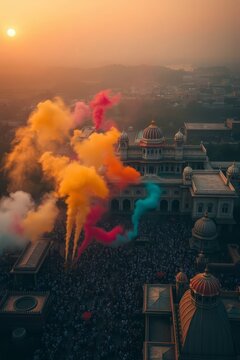 Aerial View of Colorful Holi Festival Celebration with Smoke at Indian Palace
