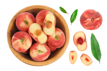 chinese flat donut peaches in wooden bowl isolated on white background. Top view. Flat lay © kolesnikovserg
