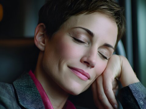 Close up of a woman with eyes closed resting her head on her hand, soft smile and blush