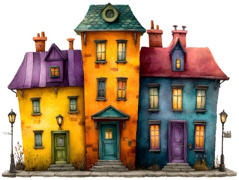 Whimsical watercolor houses in vibrant colors on a cobblestone street