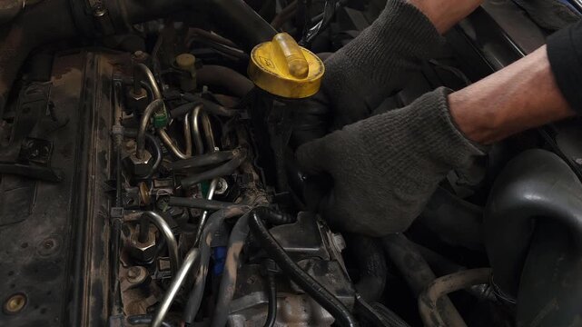 Close-up of a mechanic wearing protective gloves inspecting and repairing components under the hood of a car. Automotive maintenance and engine service concept, professional vehicle repair