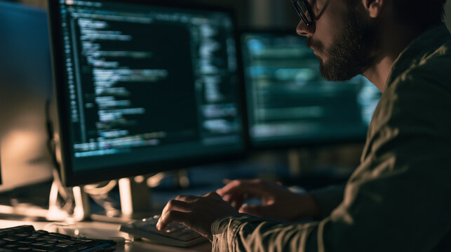 IT specialist typing while analyzing code on a large screen ,IT code, inthernet connection, typing, photo style