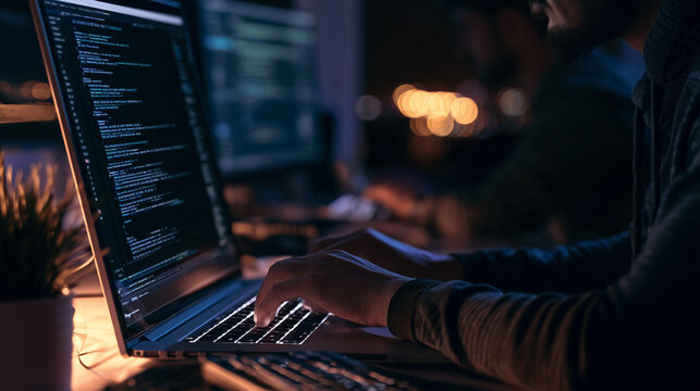 Programmer debugging code while typing intensely at midnight ,IT code, inthernet connection, typing, photo style