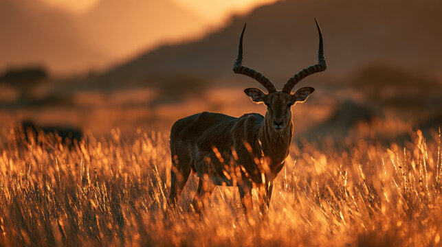 Lone hartebeest antelope standing in golden savanna grass dramatic stormy sunset sky Africa wildlife photography