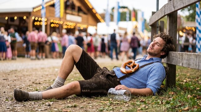 Tired man in traditional Bavarian clothing sleeping beside an empty beer mug after an Oktoberfest celebration