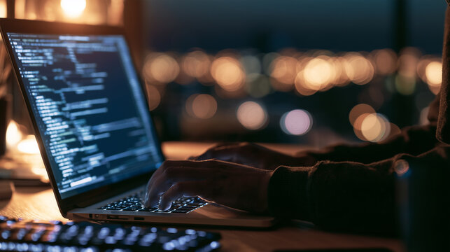 Student learning programming while typing on a laptop at night ,IT code, inthernet connection, typing, photo style