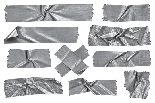 Collection of silver duct tape strips and adhesive tape pieces, realistic 3d render of metallic gaffer tape isolated on transparent background for creative graphic design and scrapbooking projects
