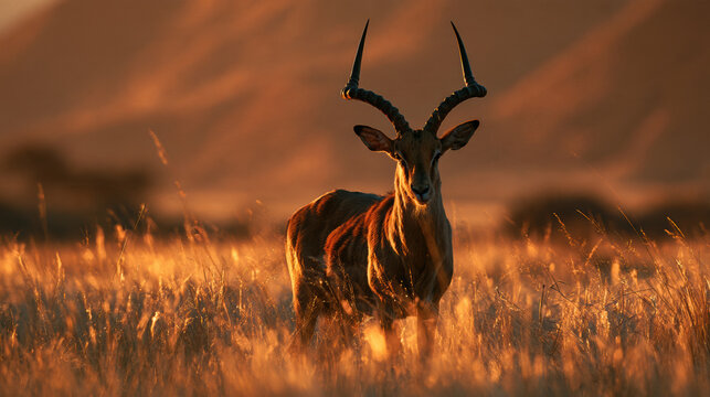 Lone hartebeest antelope standing in golden savanna grass dramatic stormy sunset sky Africa wildlife photography