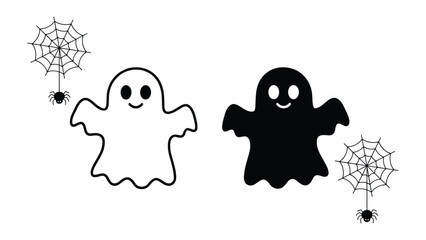 Fototapeta premium Cute ghost spider web in outlines solid silhouettes for halloween decorations spooky themed projects