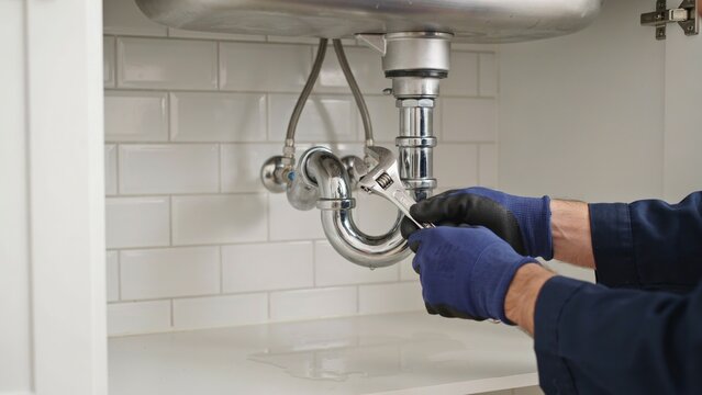Plumber in blue gloves working on a p trap pipe under a white sink beside subway tiles