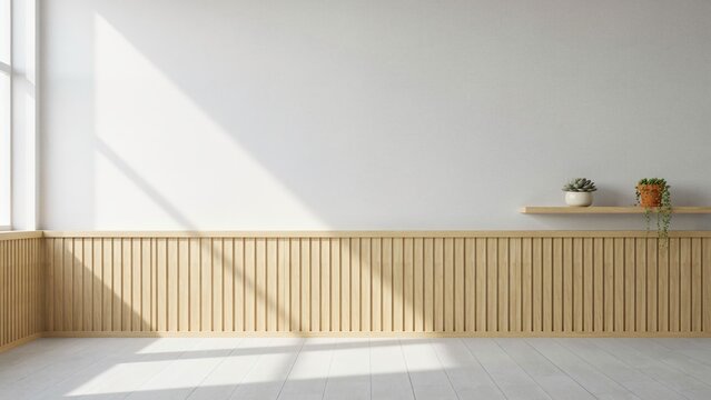 Minimalist empty room interior with a blank white wall above pale wood slat wainscoting