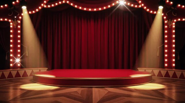 Red Circus Stage Podium with Carnival Lights and Golden Spotlights, Seamless Loop Background Animation