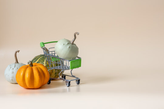 Miniature shopping cart with colorful pumpkins on beige background with copy space