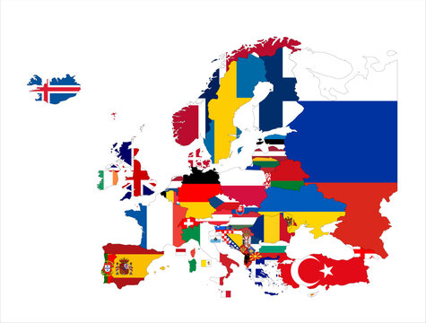 Flag mosaic map of Europe. Each country filled by official national flag. Colorful political map illustration showing states isolated on a white background.