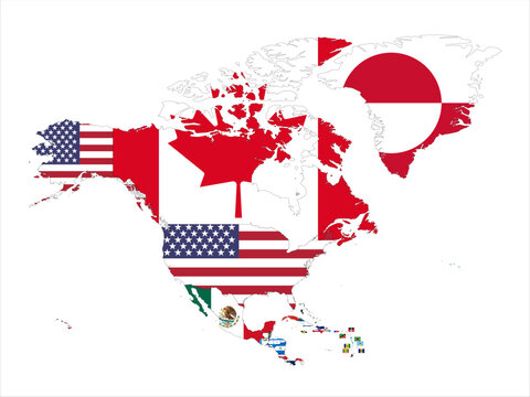 Flag mosaic map of North America. Each country filled by official national flag. Colorful political map illustration showing states isolated on a white background.