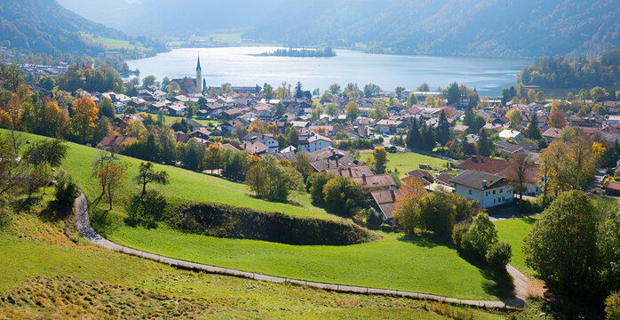 spa town and lake Schliersee, tourist resort upper bavaria. panorama view from hiking trail