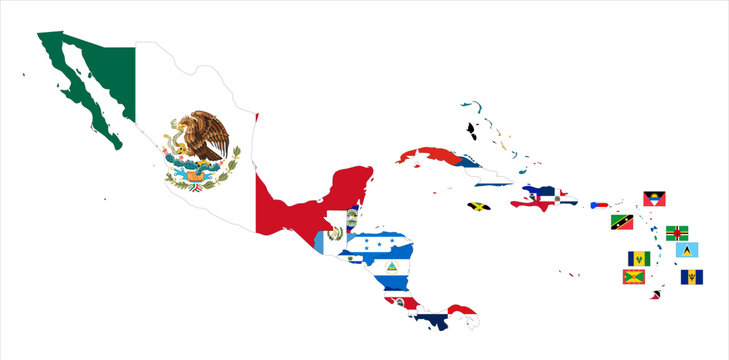 Flag mosaic map of Central America and Caribbean. Each country filled by official national flag. Colorful political map illustration showing states isolated on a white background.