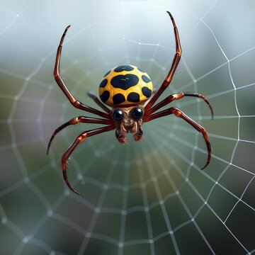 A close-up of a yellow and black polka dot spider on its web