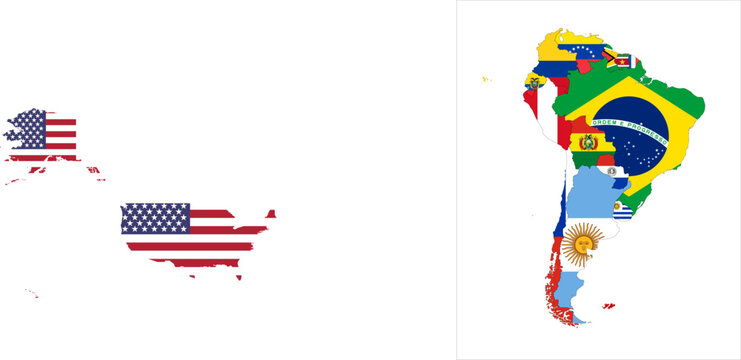 Flag mosaic map of South America. Each country filled by official national flag. Colorful political map illustration showing states isolated on a white background.