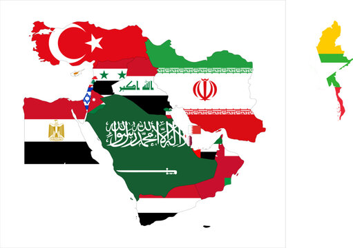 Flag mosaic map of Middle East. Each country filled by official national flag. Colorful political map illustration showing states isolated on a white background.