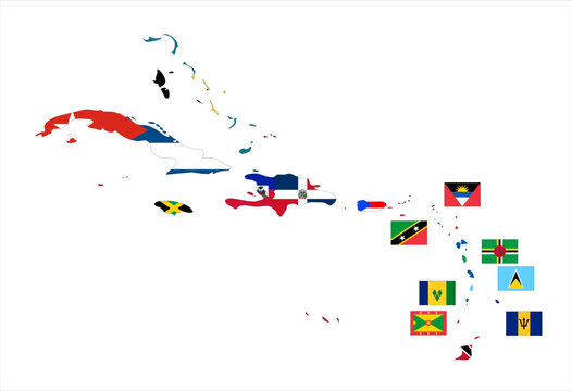 Flag mosaic map of Caribbean. Each country filled by official national flag. Colorful political map illustration showing states isolated on a white background.