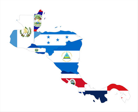Flag mosaic map of Central America. Each country filled by official national flag. Colorful political map illustration showing states isolated on a white background.