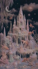 Fototapeta premium Surreal pastel castle with fish and celestial motifs, ideal for mobile wallpaper.